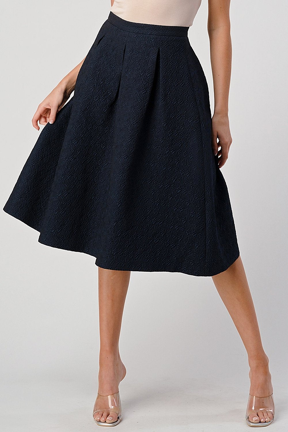 Textured Pleated A-Line Midi Skirt