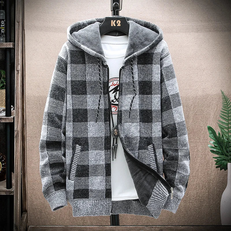 Plaid Wool Hooded Cardigan