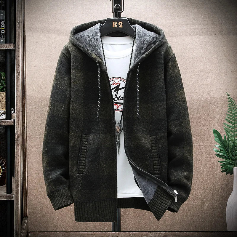 Plaid Wool Hooded Cardigan