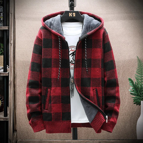 Plaid Wool Hooded Cardigan