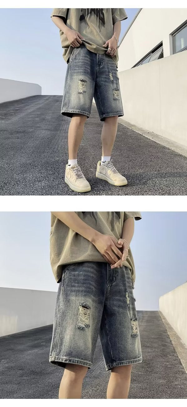 Five-point Denim Shorts Men's Korean-style Hole Loose Summer Thin Five-point Casual Pants Retro plus size Trendy Men's Pants