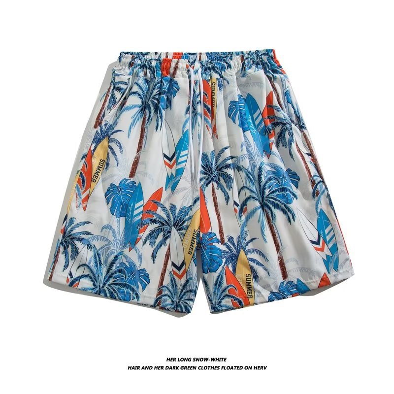 Trendy Hawaiian Beach Shorts for Men, Summer Casual Retro Printed Loose Shorts, Water-Resistant Thin Ice Silk Knee-Length Shorts