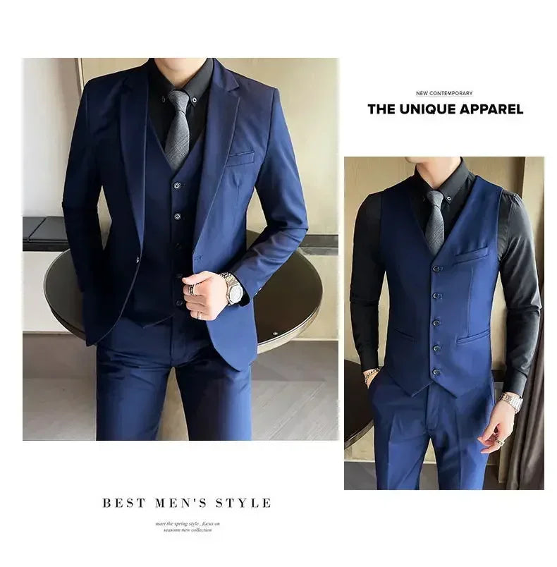 Suit (Blazer+ vest + trousers) Men's fashionable business solid-color wedding British-style workwear, casual performance suit