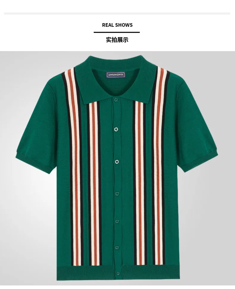 Men Striped Polo Shirts Single Breasted Tees Cardigan Knitted Short Sleeve Shirt Business Loose Tops Summer 2025 Buttons