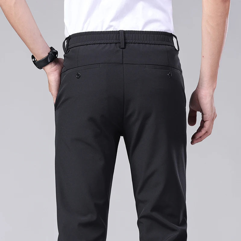 Ultra-thin Elastic Men's Casual Trousers Summer Quick-drying Ice Silk Slim Straight Business Solid Color Trousers Black Gray