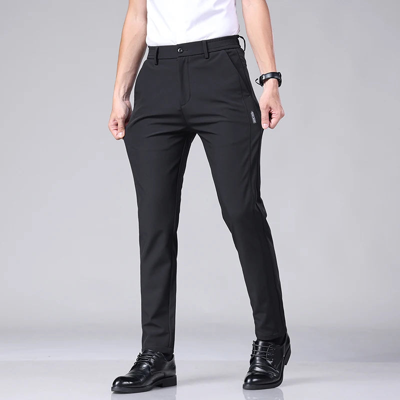 Ultra-thin Elastic Men's Casual Trousers Summer Quick-drying Ice Silk Slim Straight Business Solid Color Trousers Black Gray