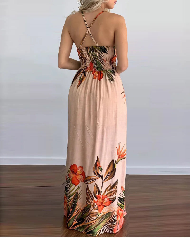Women Elegant Sexy Spaghetti Straps Criss Cross Folds Maxi High Silt Sexy A-line Vacation Dresses Woman Clothing