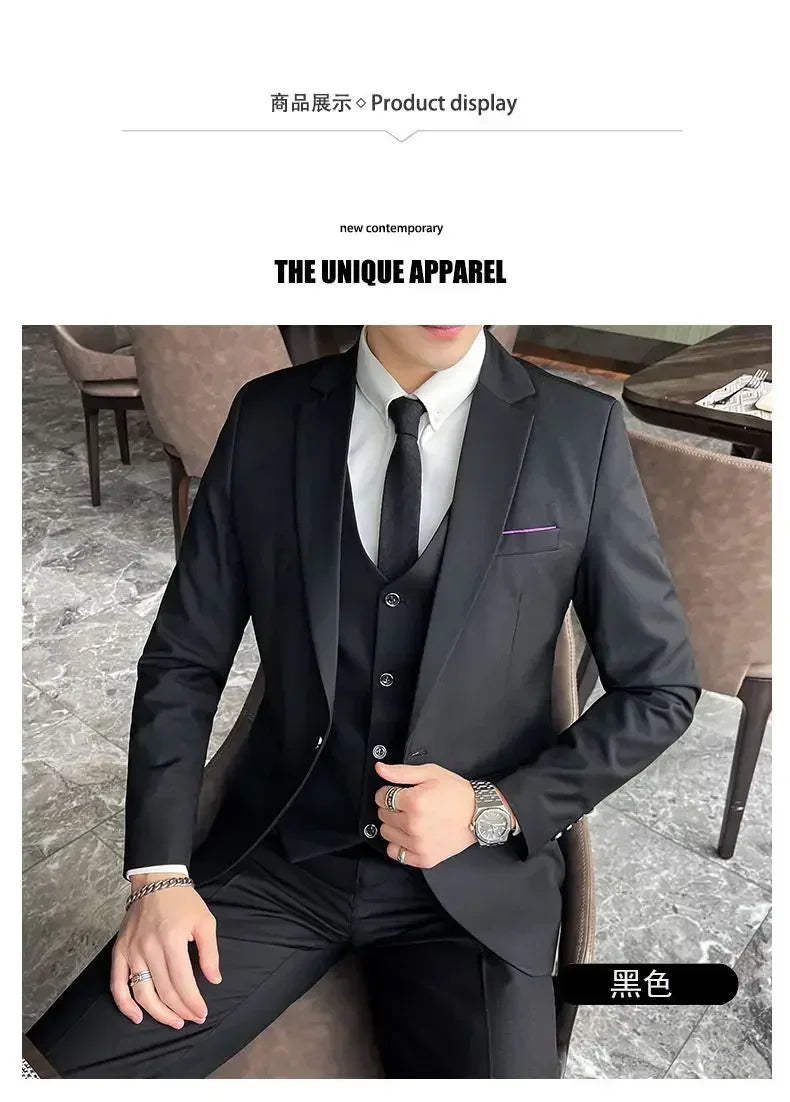 Suit (Blazer+ vest + trousers) Men's fashionable business solid-color wedding British-style workwear, casual performance suit