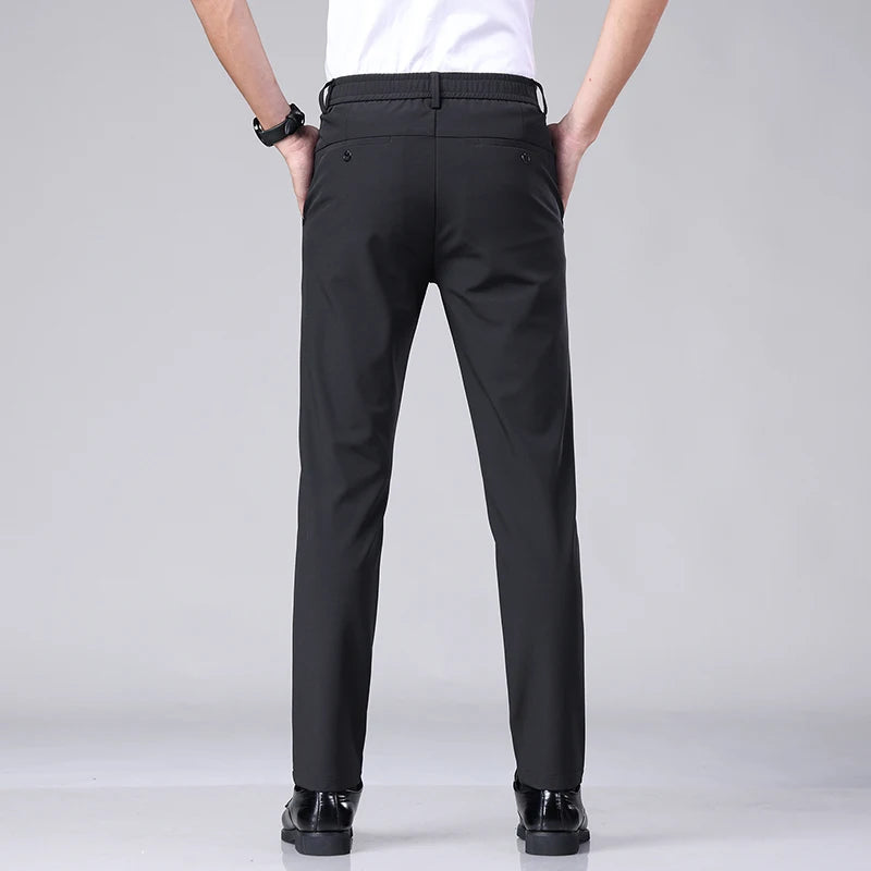 Ultra-thin Elastic Men's Casual Trousers Summer Quick-drying Ice Silk Slim Straight Business Solid Color Trousers Black Gray