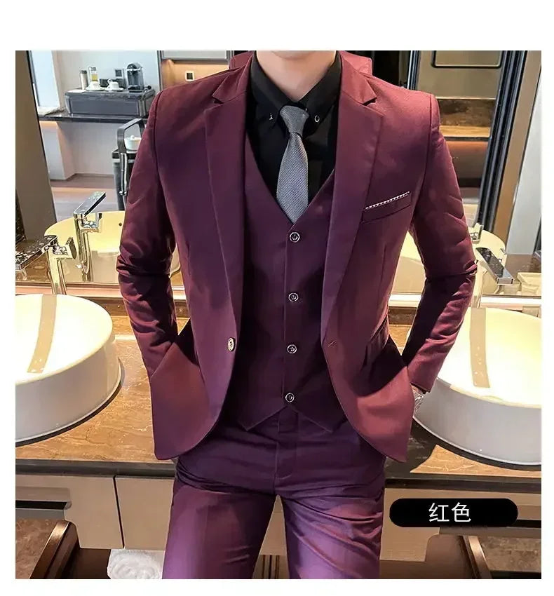Suit (Blazer+ vest + trousers) Men's fashionable business solid-color wedding British-style workwear, casual performance suit