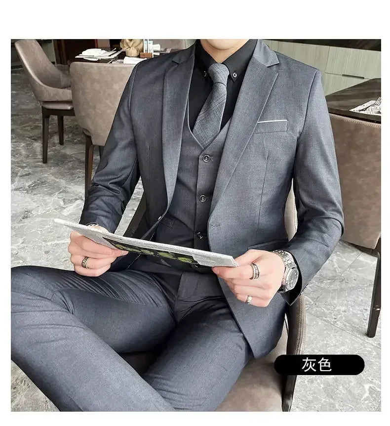 Suit (Blazer+ vest + trousers) Men's fashionable business solid-color wedding British-style workwear, casual performance suit