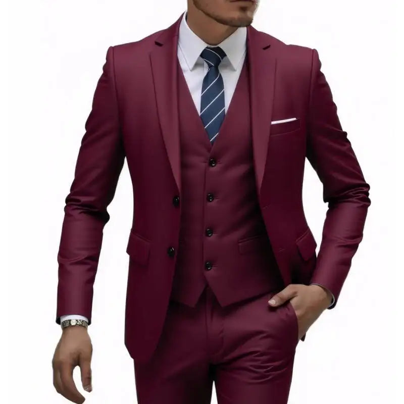 US Size Suit (Blazer+ Waistcoat + Trousers) Men Fashionable Business British Style Solid-color Banquet Host Casual Wedding Suit