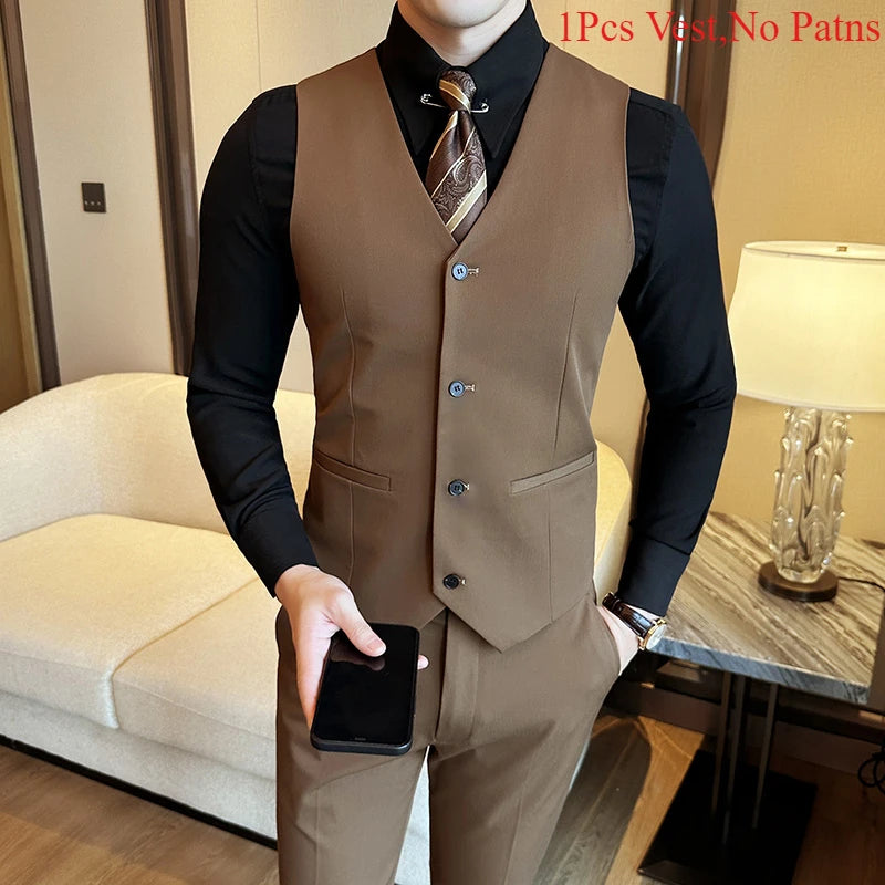 S-7XL High-end Brand Solid Color Elastic Men's Casual Business Vest Groom Wedding Suit Party Waist Coat