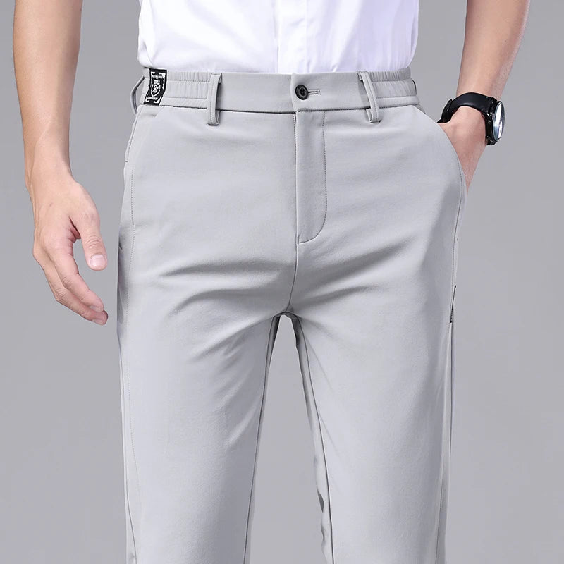 Ultra-thin Elastic Men's Casual Trousers Summer Quick-drying Ice Silk Slim Straight Business Solid Color Trousers Black Gray