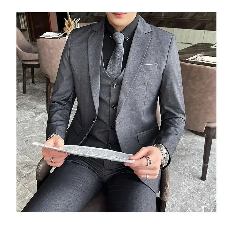 Suit (Blazer+ vest + trousers) Men's fashionable business solid-color wedding British-style workwear, casual performance suit