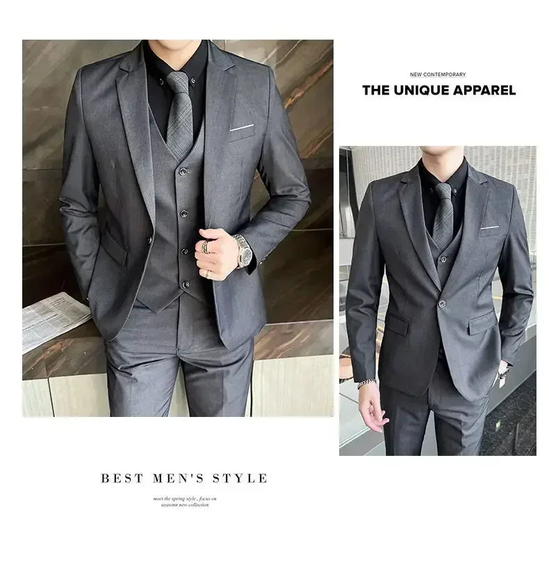 Suit (Blazer+ vest + trousers) Men's fashionable business solid-color wedding British-style workwear, casual performance suit
