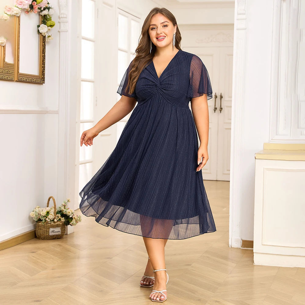 Plus Size Women's V-Neck Solid Dresses Elegant Evening Party Dress Prom Female Large Size Bridesmaid Dresses 2XL 3XL 4XL 5XL 6XL