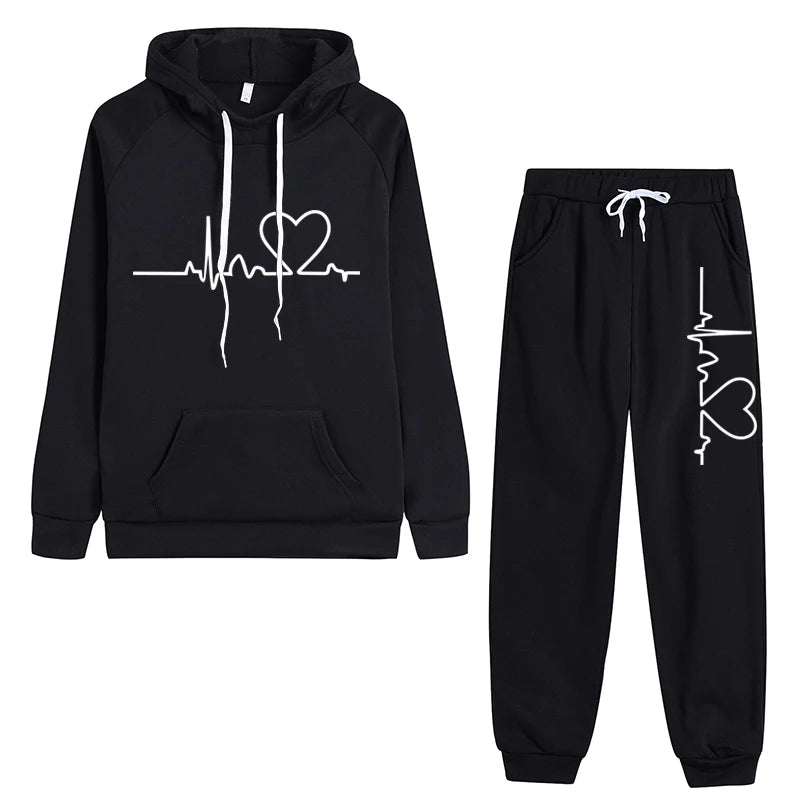 Womens Tracksuit Heart Printing Hooded Sweatshirts Suit Gym Jogging Clothing Autumn Winter Fleece Warm Popular Casual Pants Sets