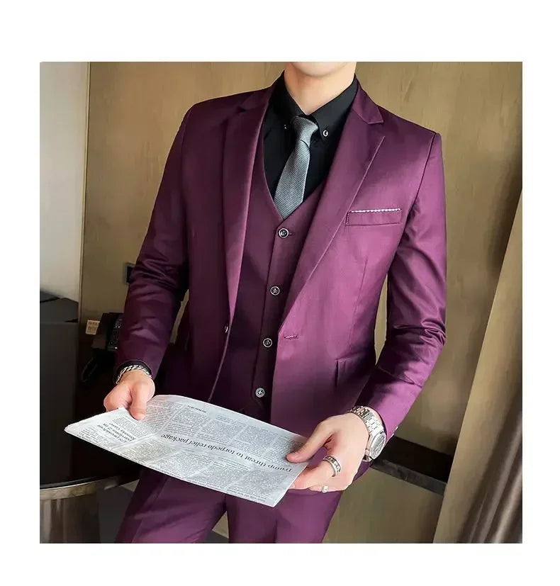 Suit (Blazer+ vest + trousers) Men's fashionable business solid-color wedding British-style workwear, casual performance suit