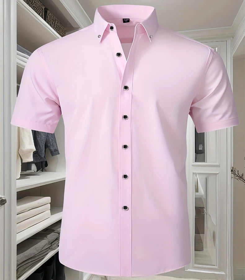 Hot Sale Men's Dress Shirt Formal Thin Business Classic Basic Diamond Button Social White Shirt Short Sleeve Men Clothing