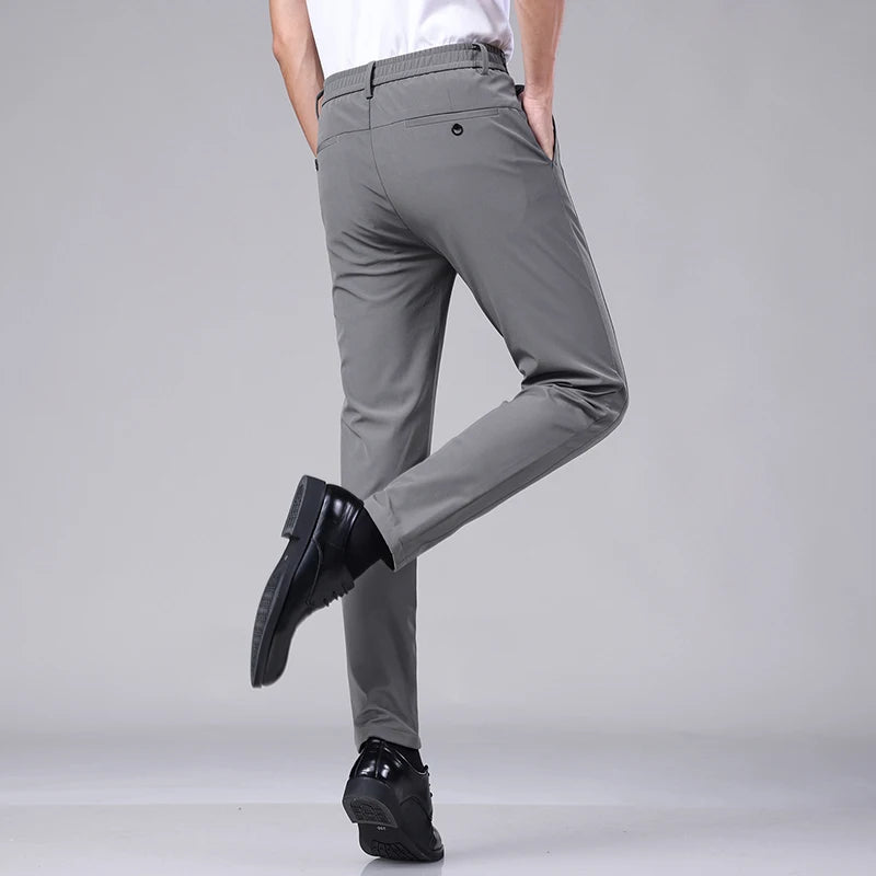Ultra-thin Elastic Men's Casual Trousers Summer Quick-drying Ice Silk Slim Straight Business Solid Color Trousers Black Gray