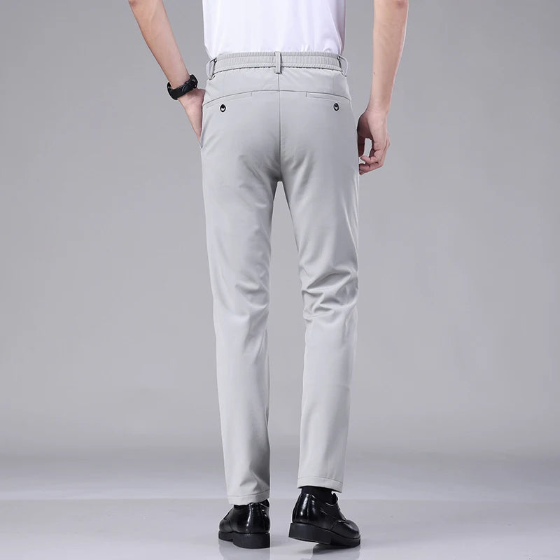 Ultra-thin Elastic Men's Casual Trousers Summer Quick-drying Ice Silk Slim Straight Business Solid Color Trousers Black Gray