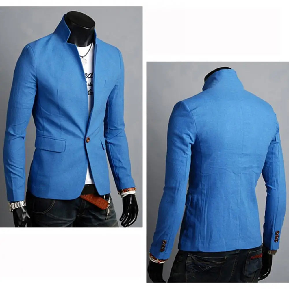 Business Autumn Pockets Men Coat Solid Color Lapel Collar Button Decor Business Blazer