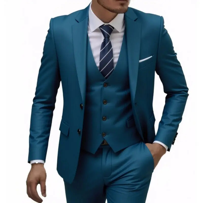 US Size Suit (Blazer+ Waistcoat + Trousers) Men Fashionable Business British Style Solid-color Banquet Host Casual Wedding Suit
