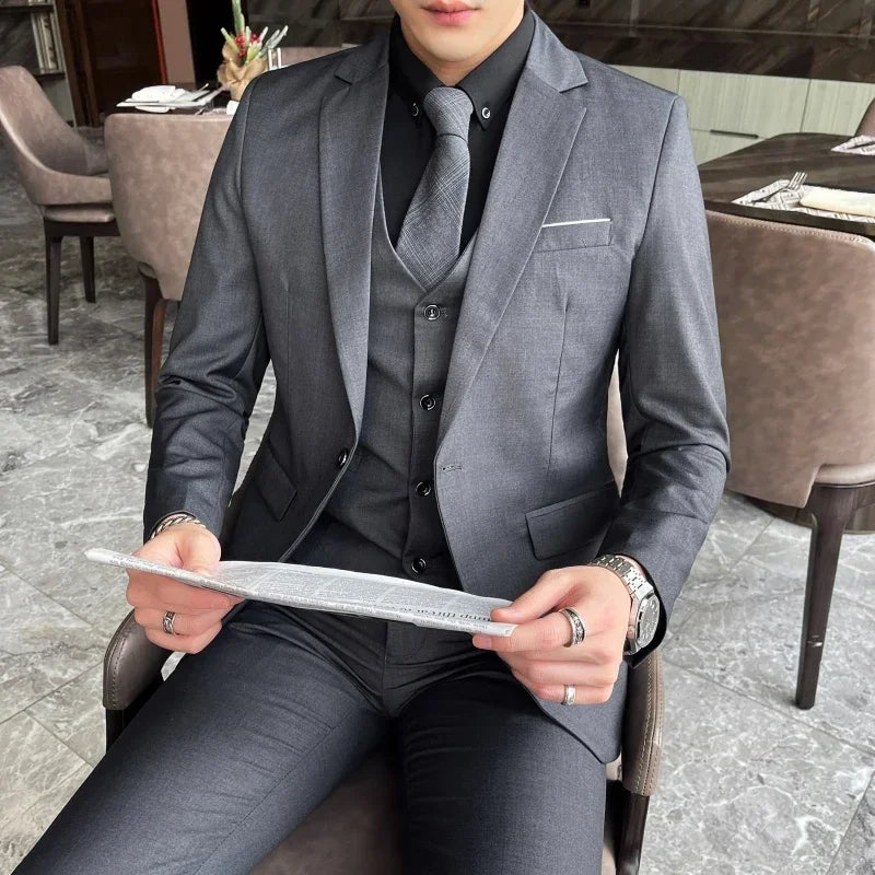 Suit (Blazer+ vest + trousers) Men's fashionable business solid-color wedding British-style workwear, casual performance suit