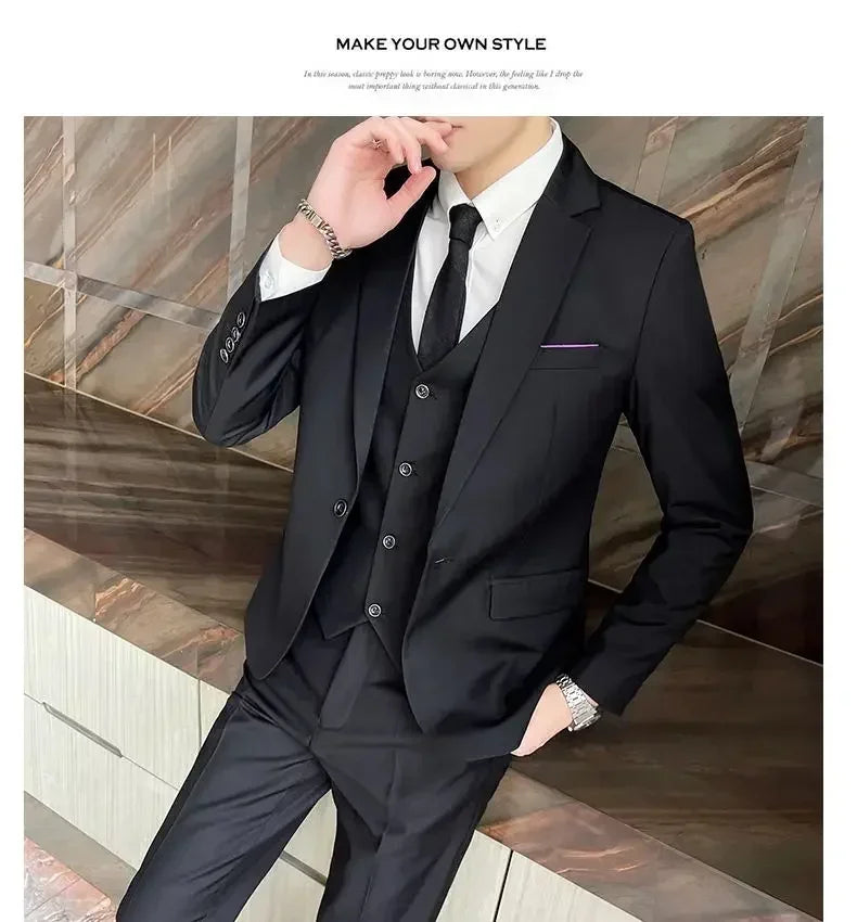 Suit (Blazer+ vest + trousers) Men's fashionable business solid-color wedding British-style workwear, casual performance suit