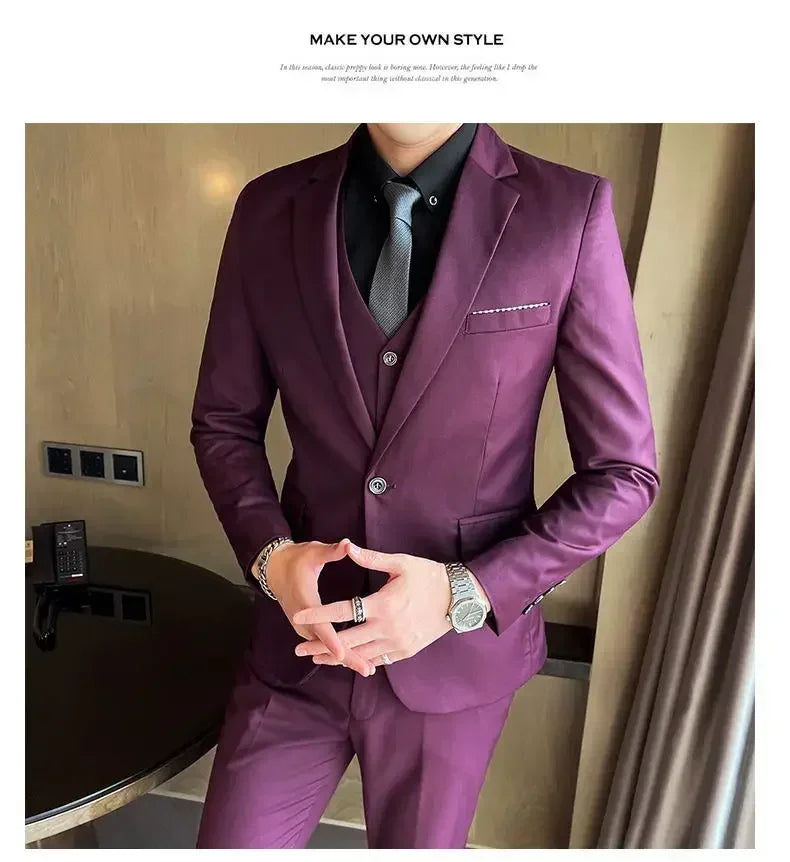 Suit (Blazer+ vest + trousers) Men's fashionable business solid-color wedding British-style workwear, casual performance suit