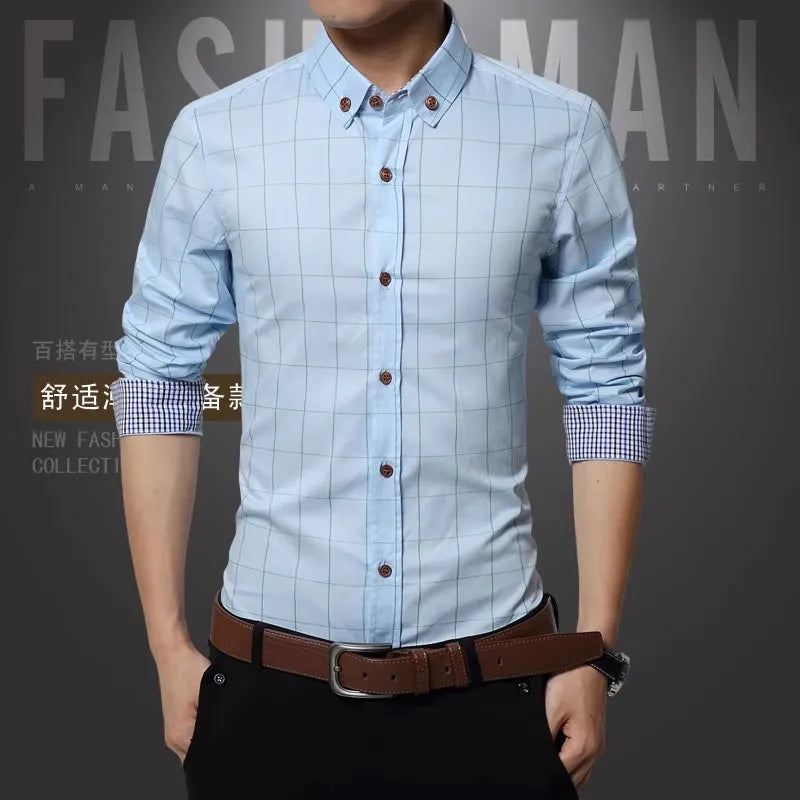 Spring Men Long-sleeved Cotton Shirts, Single-breasted Lapel Shirt, Blue Green Burgundy Khaki Gray White Optional, Asian Size