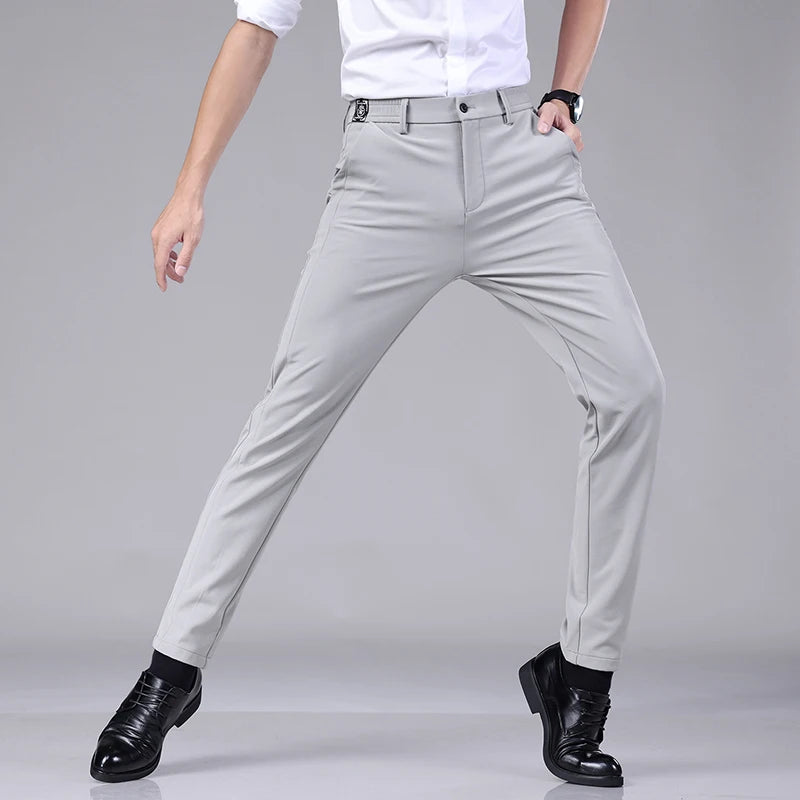 Ultra-thin Elastic Men's Casual Trousers Summer Quick-drying Ice Silk Slim Straight Business Solid Color Trousers Black Gray
