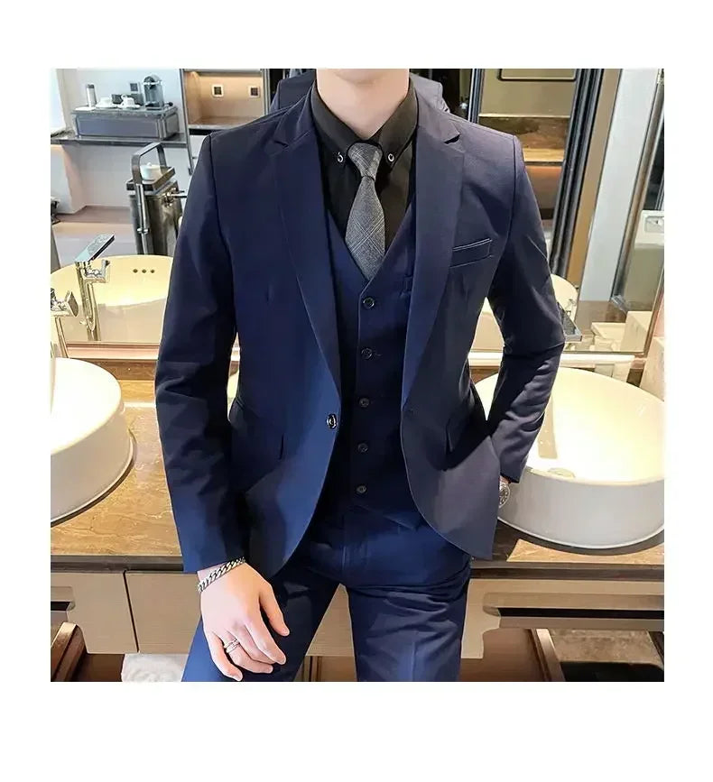 Suit (Blazer+ vest + trousers) Men's fashionable business solid-color wedding British-style workwear, casual performance suit