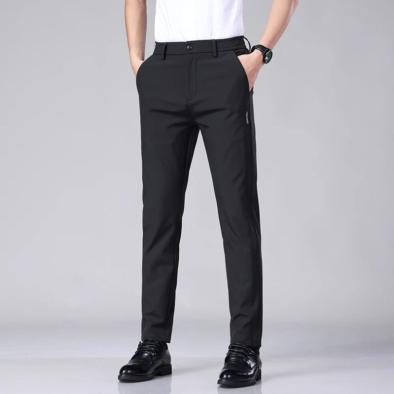 Ultra-thin Elastic Men's Casual Trousers Summer Quick-drying Ice Silk Slim Straight Business Solid Color Trousers Black Gray