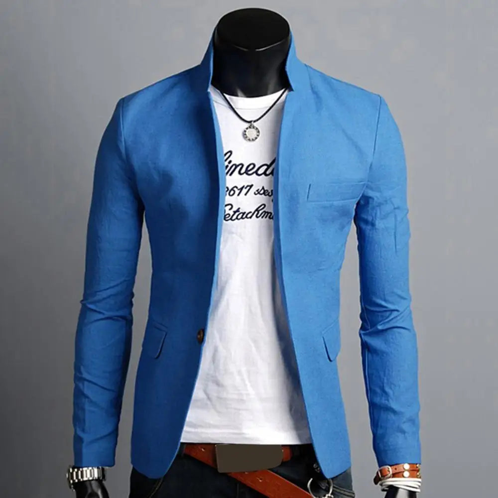 Business Autumn Pockets Men Coat Solid Color Lapel Collar Button Decor Business Blazer