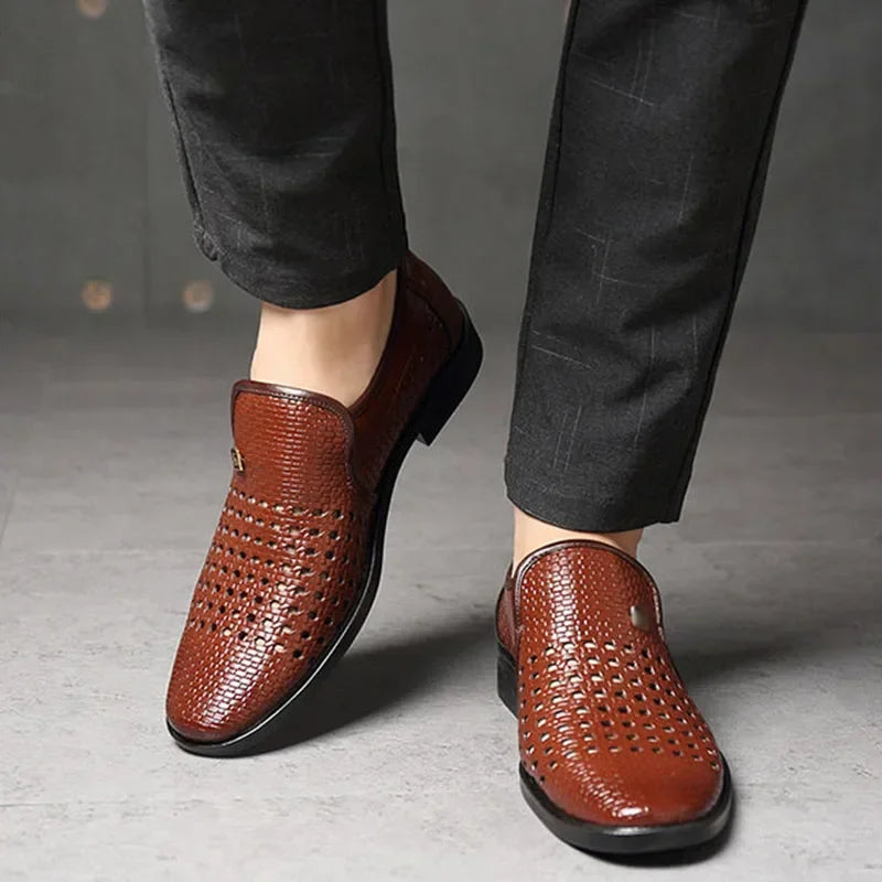 Men's Synthetic Leather Shoes Soft Sole Breathable Low Heeled Business Casual Shoes Hollow Out Dress Sandals Middle Aged