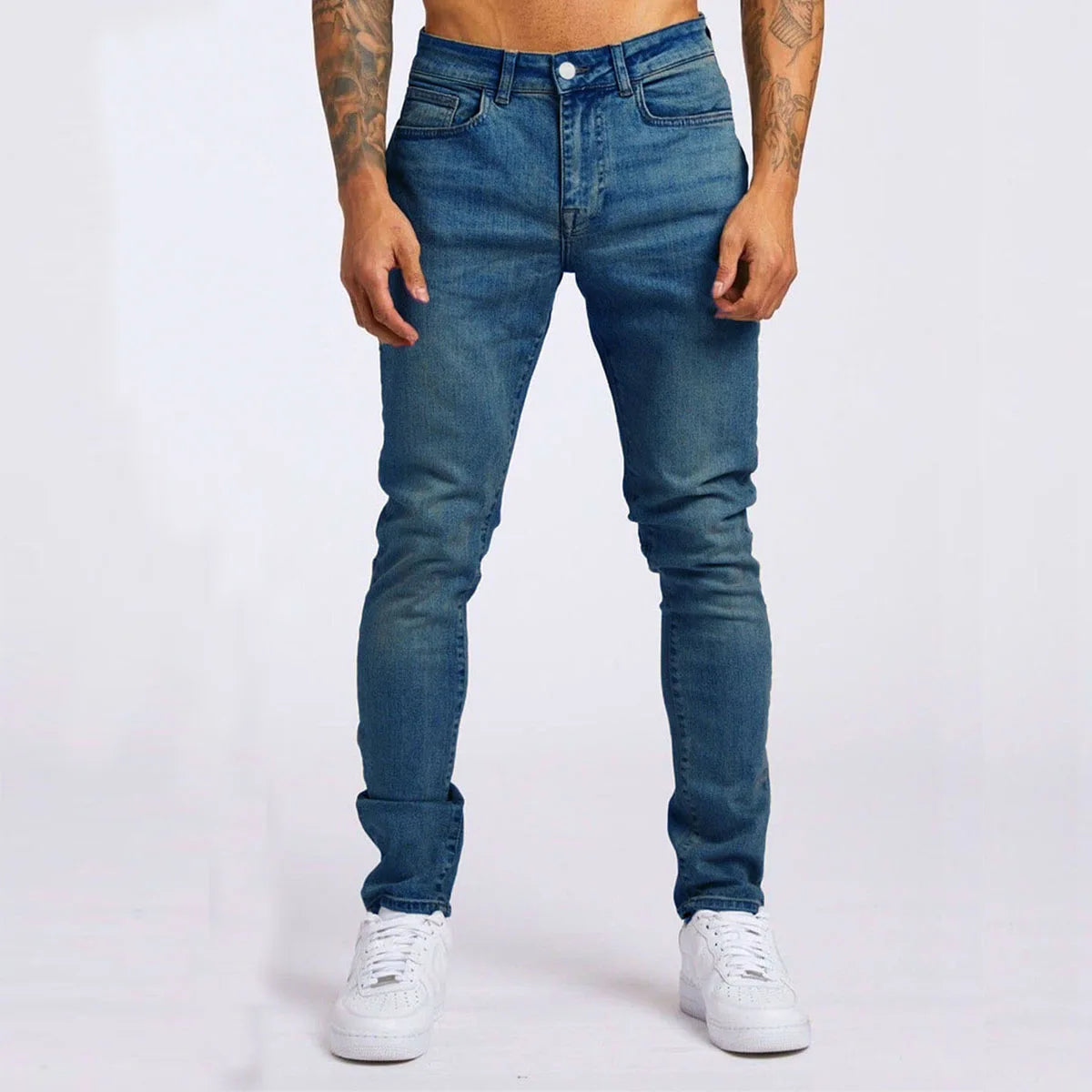 Men Jeans Long Pant Denim Pants Pockets Splice Slim Fit Solid High Waist Regular Casual Straight Trousers Autumn Winter