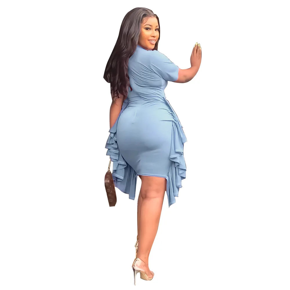 African Dresses for Women Summer Elegant African Short Sleeve O-neck Ruffled Skinny Slim Party Evening Dress African Clothing