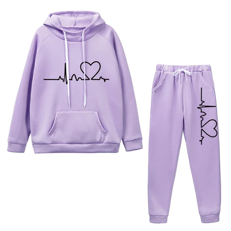 Womens Tracksuit Heart Printing Hooded Sweatshirts Suit Gym Jogging Clothing Autumn Winter Fleece Warm Popular Casual Pants Sets