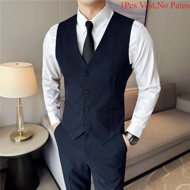 S-7XL High-end Brand Solid Color Elastic Men's Casual Business Vest Groom Wedding Suit Party Waist Coat