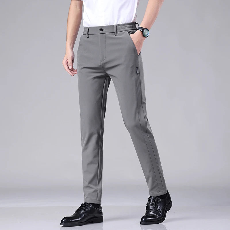 Ultra-thin Elastic Men's Casual Trousers Summer Quick-drying Ice Silk Slim Straight Business Solid Color Trousers Black Gray