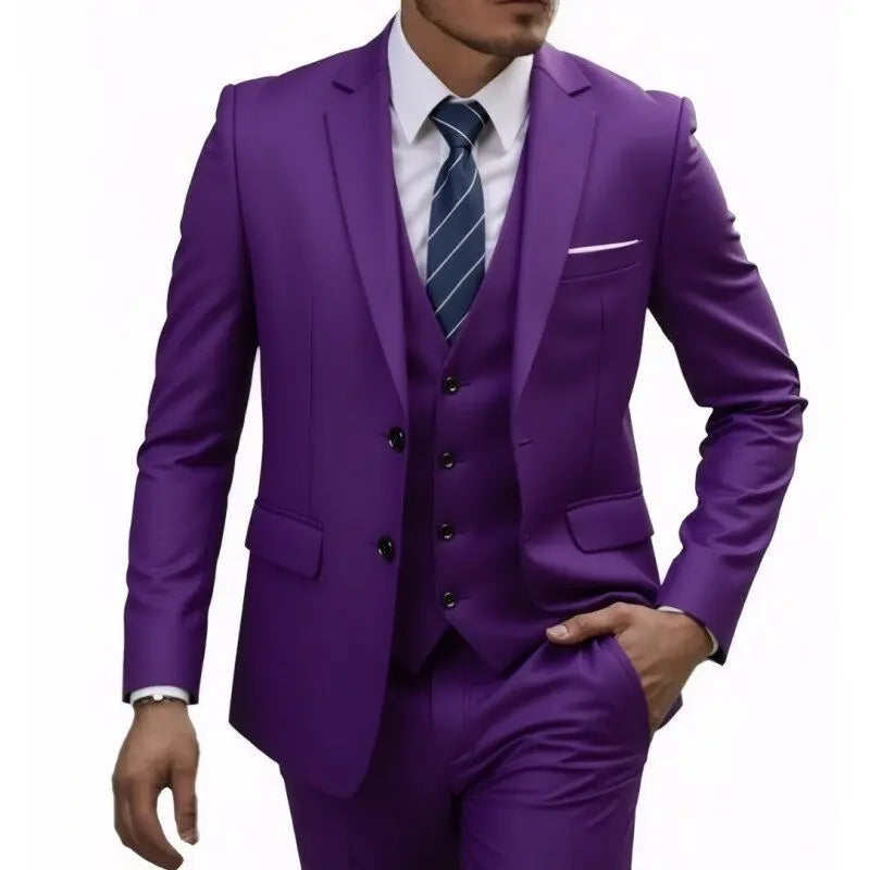 US Size Suit (Blazer+ Waistcoat + Trousers) Men Fashionable Business British Style Solid-color Banquet Host Casual Wedding Suit