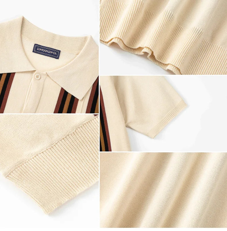 Men Striped Polo Shirts Single Breasted Tees Cardigan Knitted Short Sleeve Shirt Business Loose Tops Summer 2025 Buttons