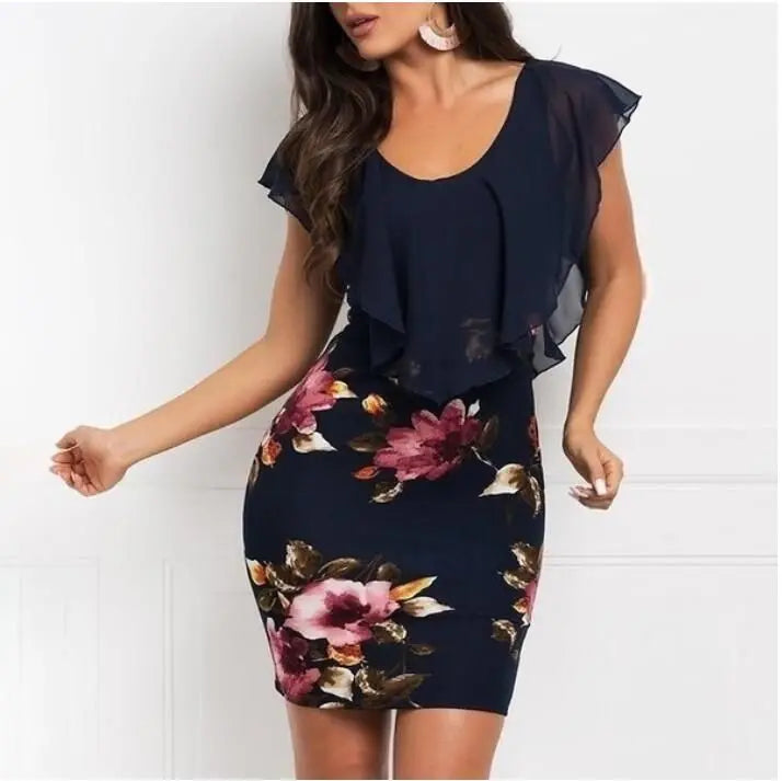 Dress Women Summer 2023 Sexy Floral Printing Splicing Printed Slim Mini O Neck Dresses Casual Vestidos ZCQZ9