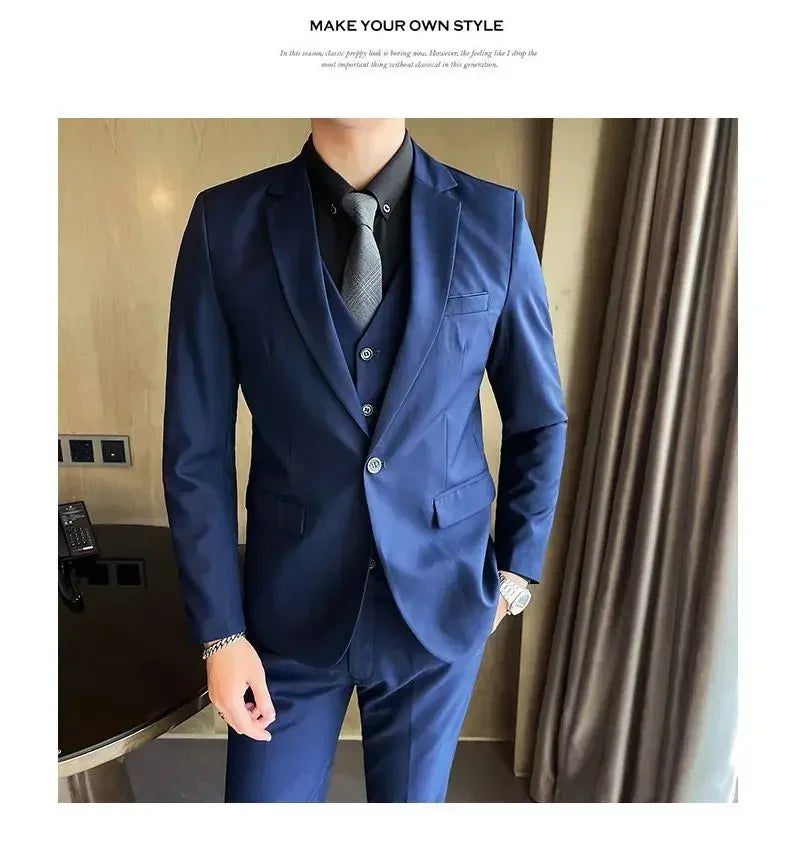 Suit (Blazer+ vest + trousers) Men's fashionable business solid-color wedding British-style workwear, casual performance suit