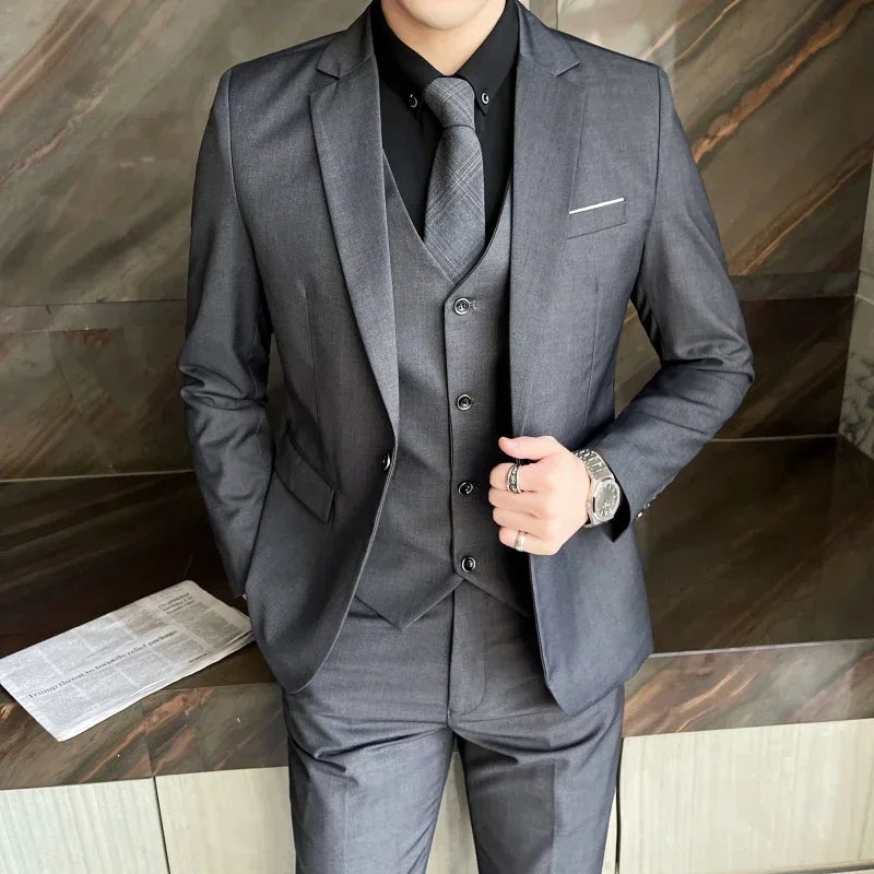 Suit (Blazer+ vest + trousers) Men's fashionable business solid-color wedding British-style workwear, casual performance suit