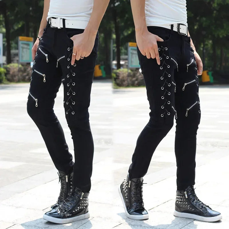 Men High Waist Fashion Jean Spring Summer Boyfriend Motorcycle Street Wear Skinny Casual Denim Pants Jeans Straight Trousers