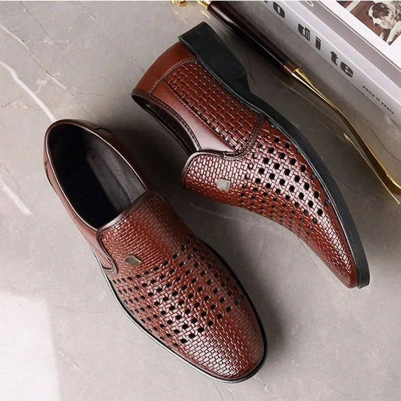 Men's Synthetic Leather Shoes Soft Sole Breathable Low Heeled Business Casual Shoes Hollow Out Dress Sandals Middle Aged