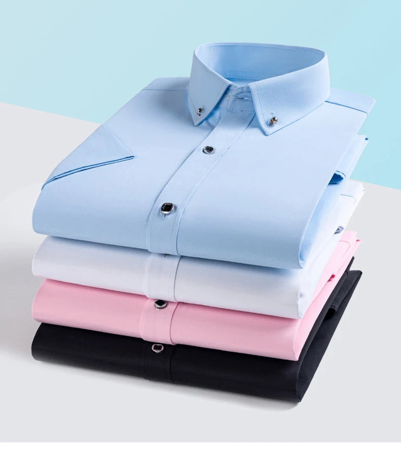 Hot Sale Men's Dress Shirt Formal Thin Business Classic Basic Diamond Button Social White Shirt Short Sleeve Men Clothing